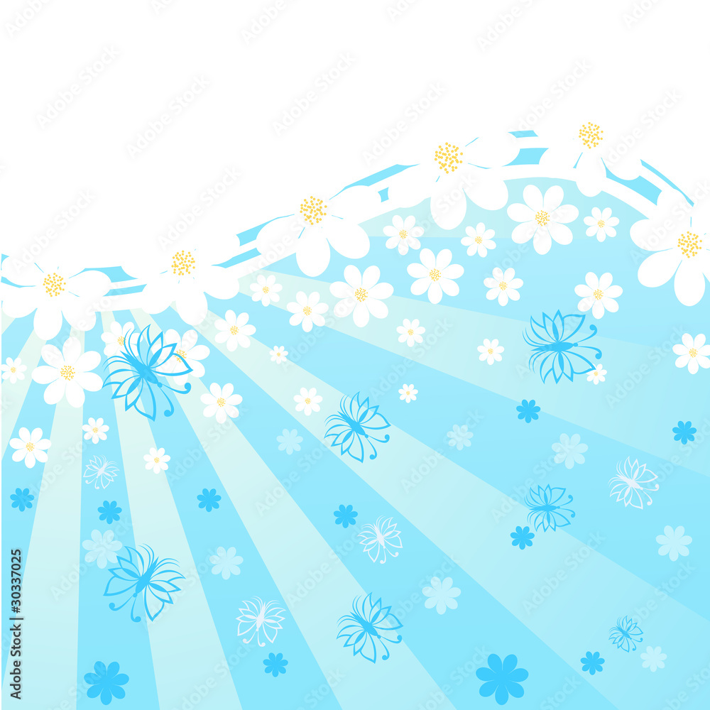 vector illustration of a blue background with daisies