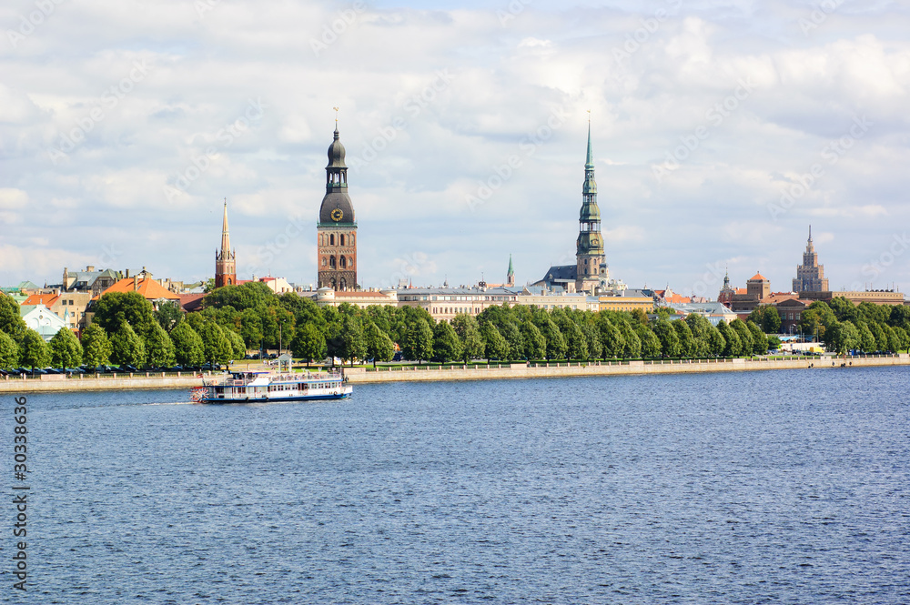 Panoramic view of Riga's old town and the Daugava river, Latvia