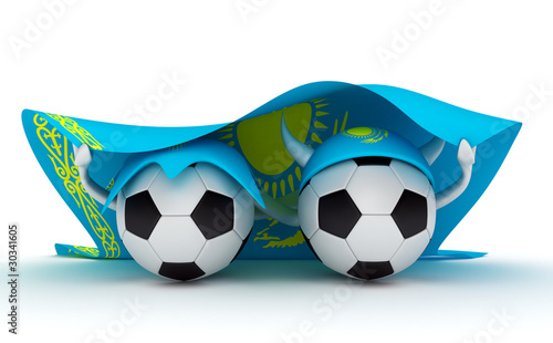 Two soccer balls hold Kazakhstan flag