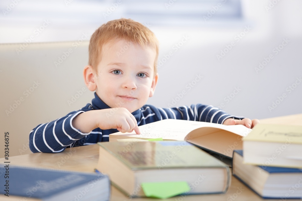 Brainy little boy learning at home