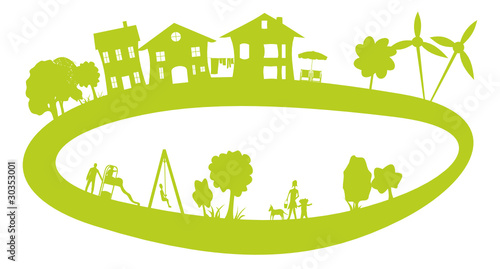 dessin d'enfant d'une ville verte avec éoliennes