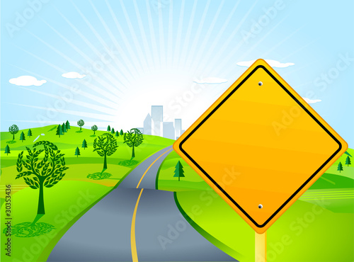 Landschaft mit Straßenschild