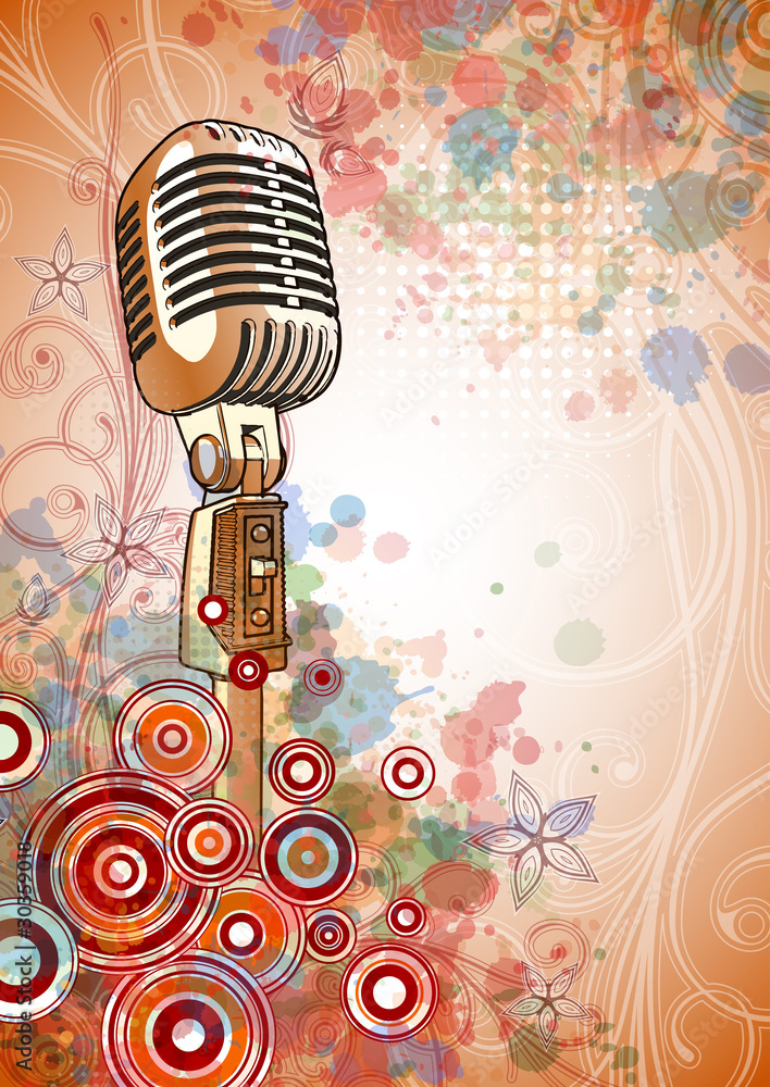 Fototapeta premium Retro Microphone & Floral calligraphy ornament - a stylized orch
