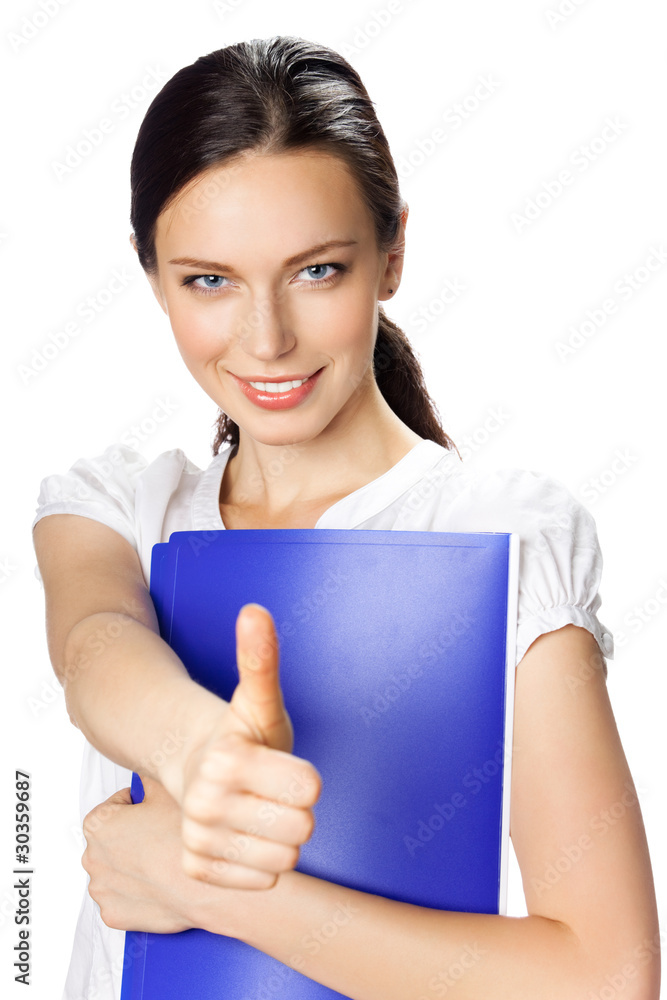 Happy businesswoman with thumbs up gesture, isolated Happy businesswoman with thumbs up gesture, isolated