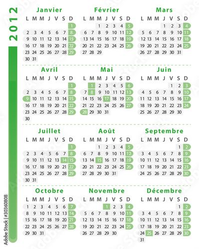 Calendrier 2012 français avec jours fériés, vecteur