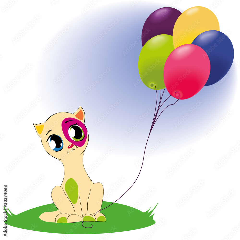 Fototapeta premium Cute cat with bunch of balloons