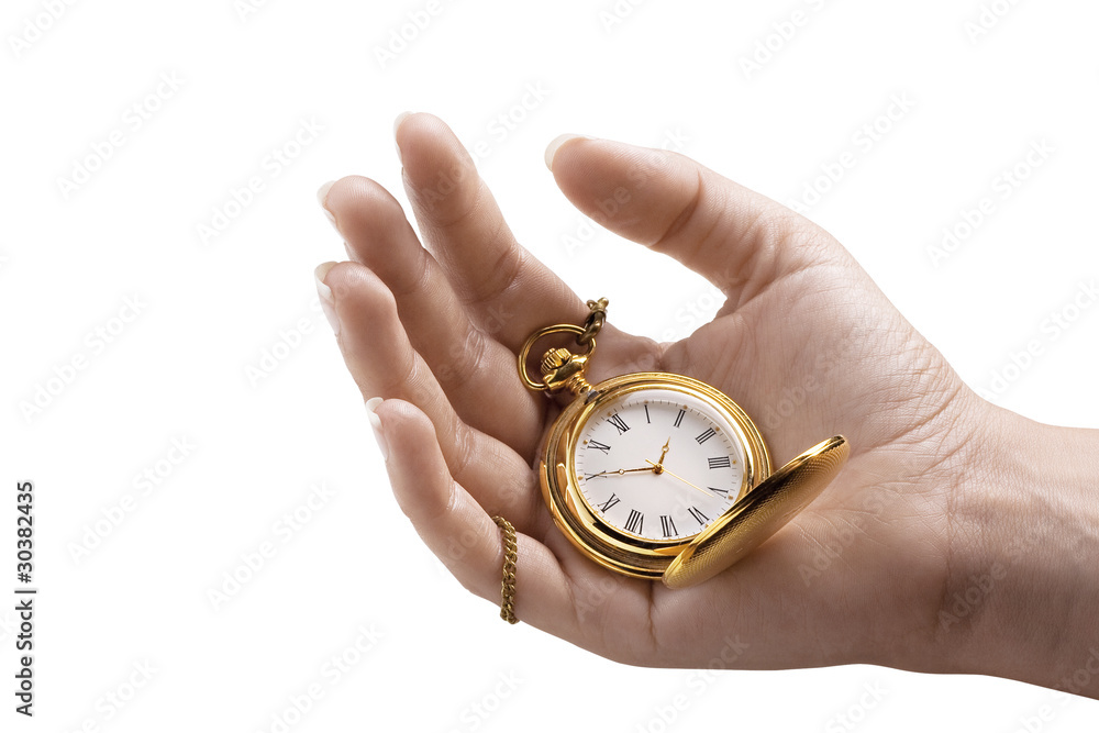 closeup of hand with pocket watch on white background closeup of hand with pocket watch on white background