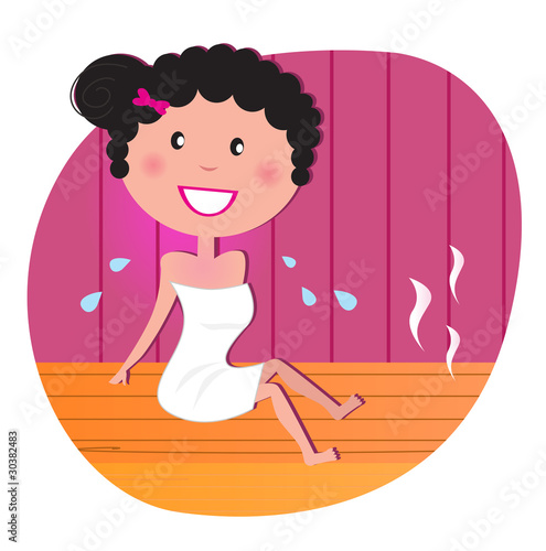 Happy smiling woman relaxing in infrared sauna. Vector