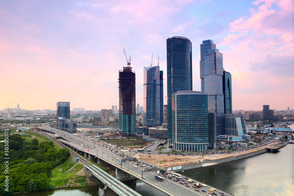 panorama of Moscow City complex of skyscrapers in Moscow, Russia