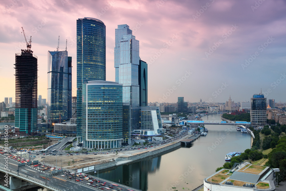 panorama of Moscow City complex of skyscrapers at evening