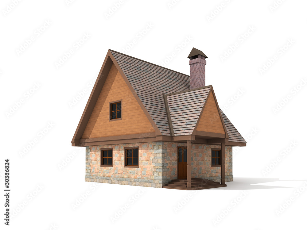 Two storey stone house on white background 3d render Two storey stone house on white background 3d render