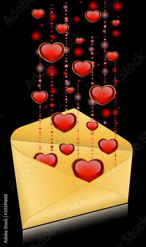 Celebratory envelopes with red hearts.
