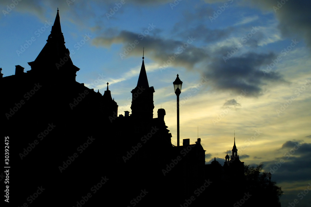 Dark silhouette of old buildings in Karlovy Vary, Czech Republic