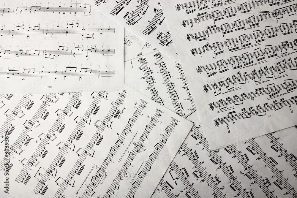 Obraz premium View of music notes on paper sheets