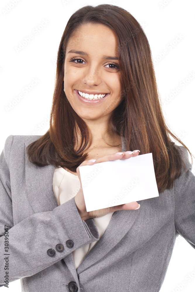 smiling woman holding empty card smiling woman holding empty card