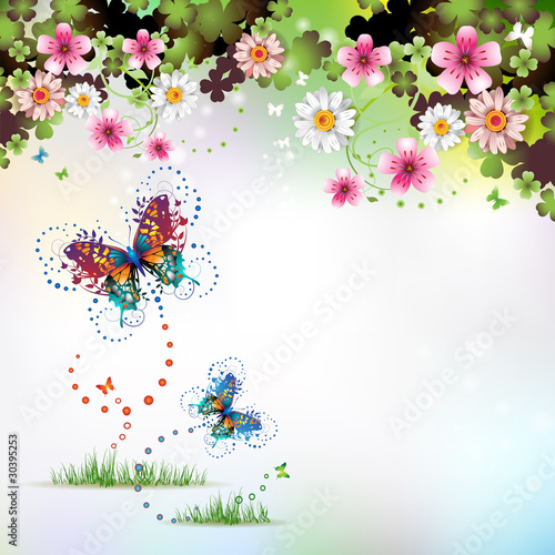 Springtime background with flowers and butterflies