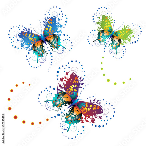Stylized butterflies with twigs curls isolated on white
