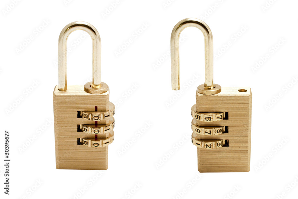 pair of open and closed numeric code padlocks on white pair of open and closed numeric code padlocks on white