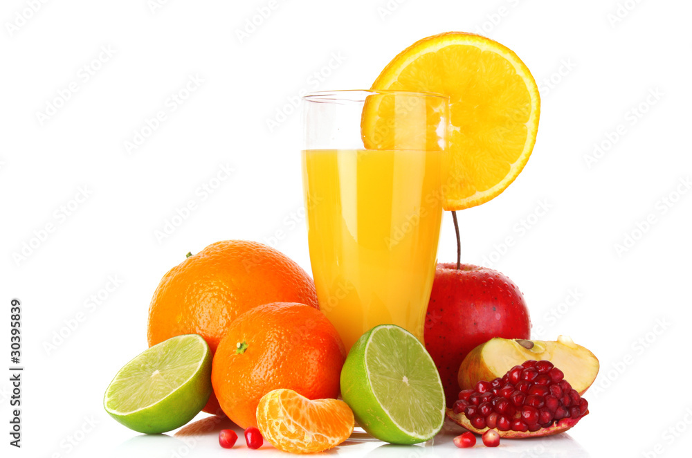Fruits and glasses with juice isolated on white Fruits and glasses with juice isolated on white