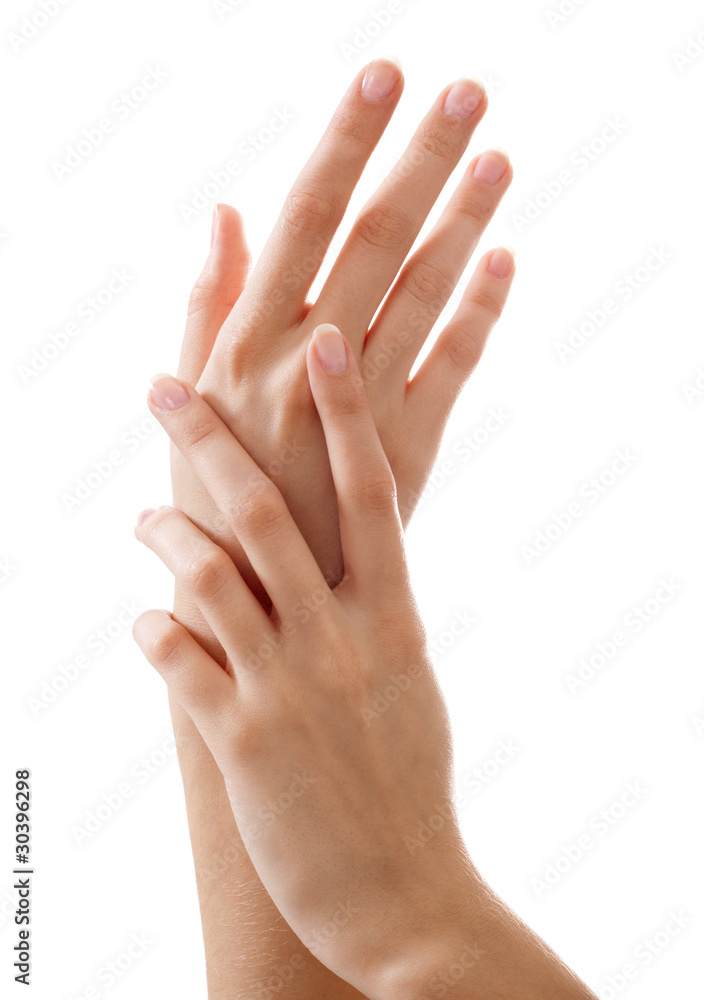 Beautiful woman hands with french manicure isolated on white bac Beautiful woman hands with french manicure isolated on white bac