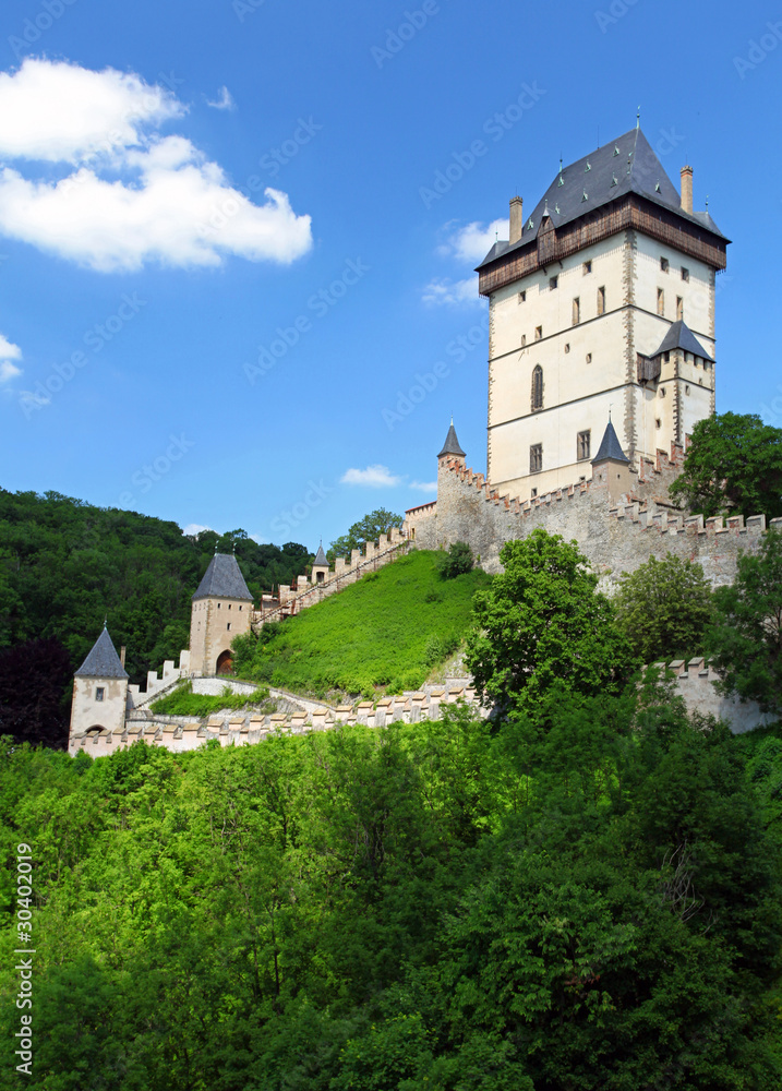 the exterior of czech castle named karlstejn