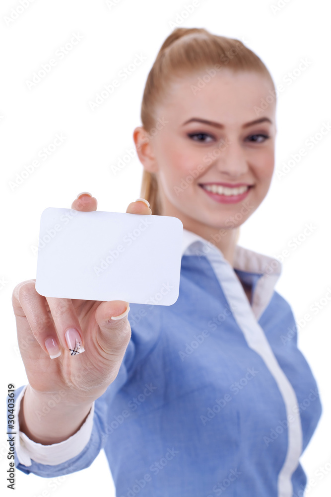 business woman holding blank business card business woman holding blank business card