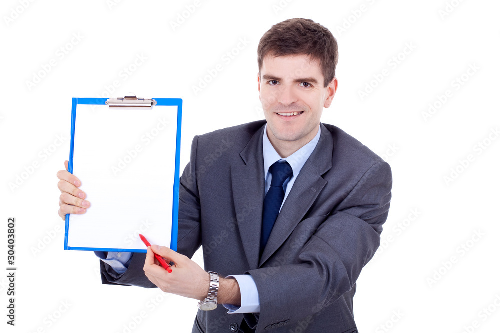 business man showing signboard business man showing signboard