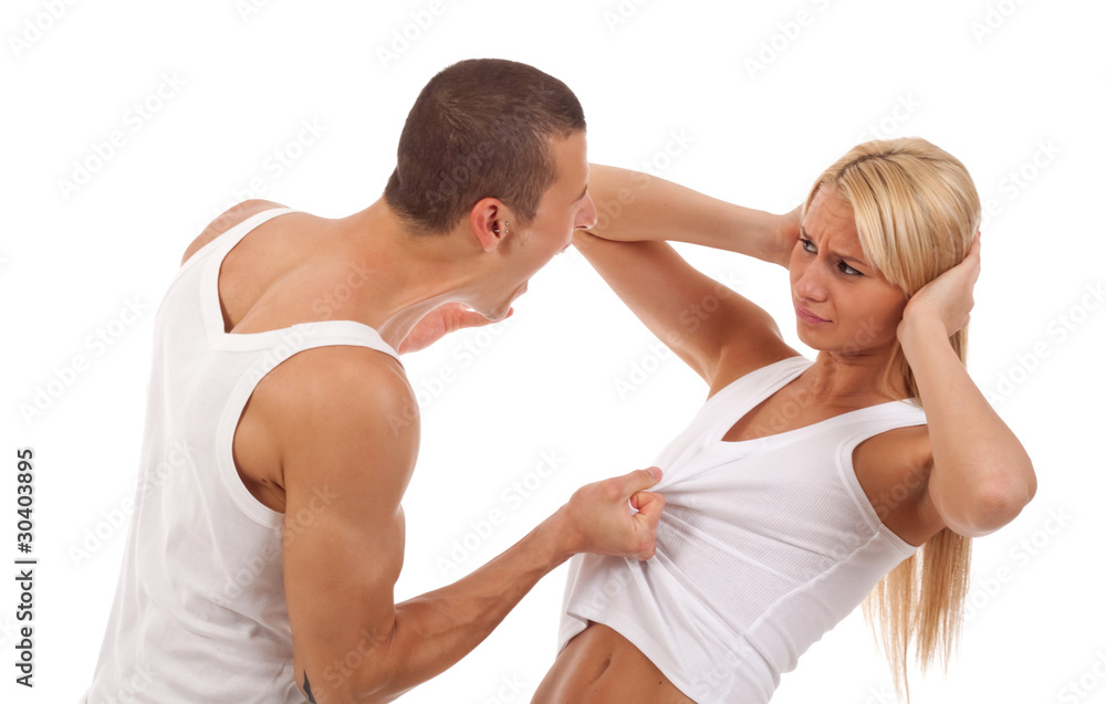 man screaming and pulling his girlfriend's shirt man screaming and pulling his girlfriend's shirt