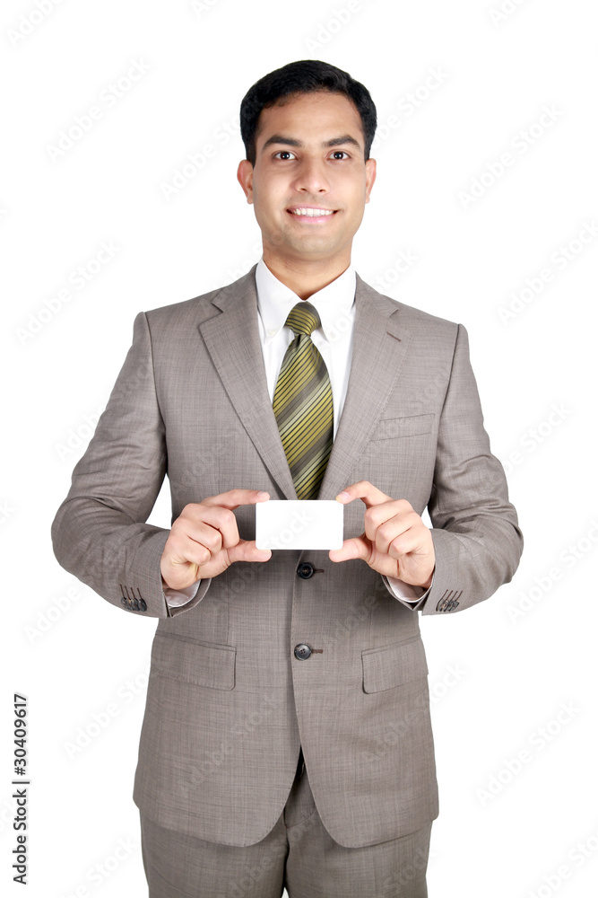Indian business man holding a name card. Indian business man holding a name card.