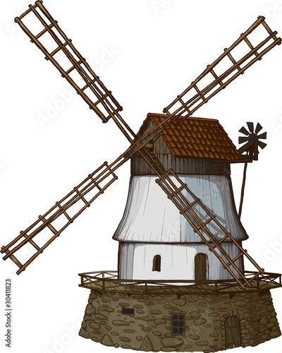 windmill drawn in a woodcut like method