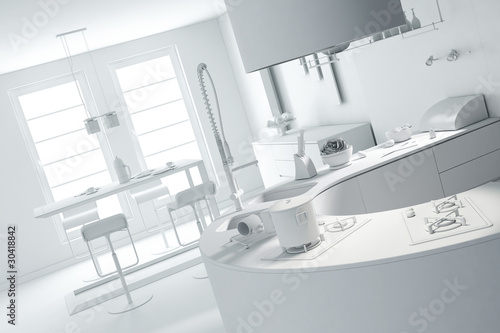 3d clay rander of a modern kitchen photo