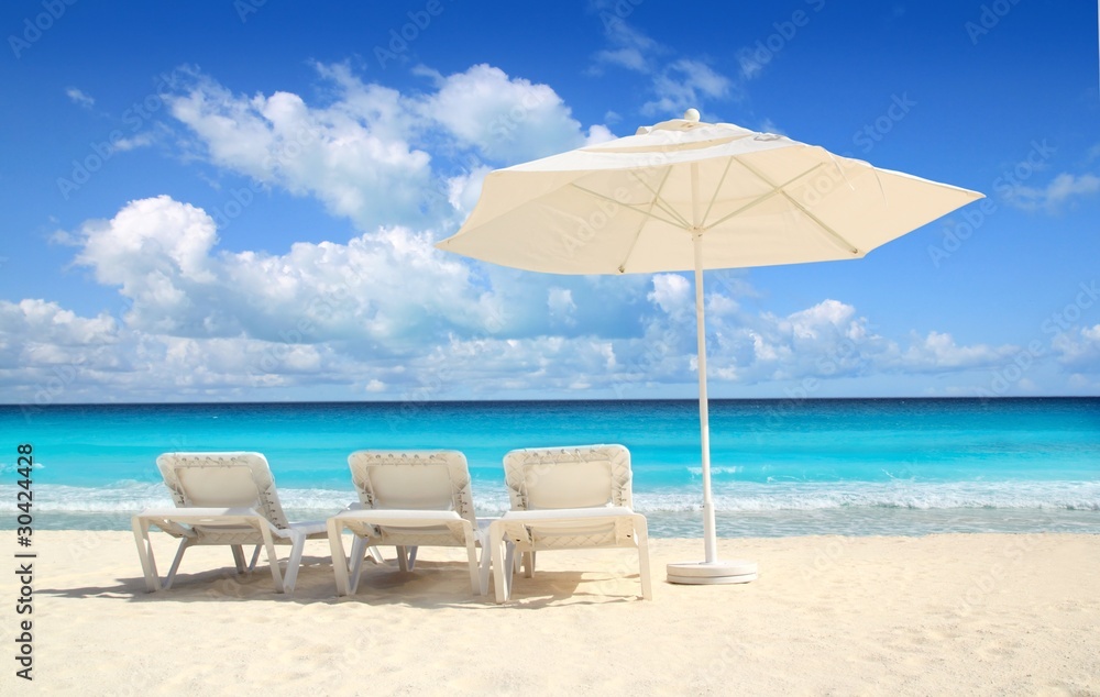Caribbean beach parasol white umbrella hammocks