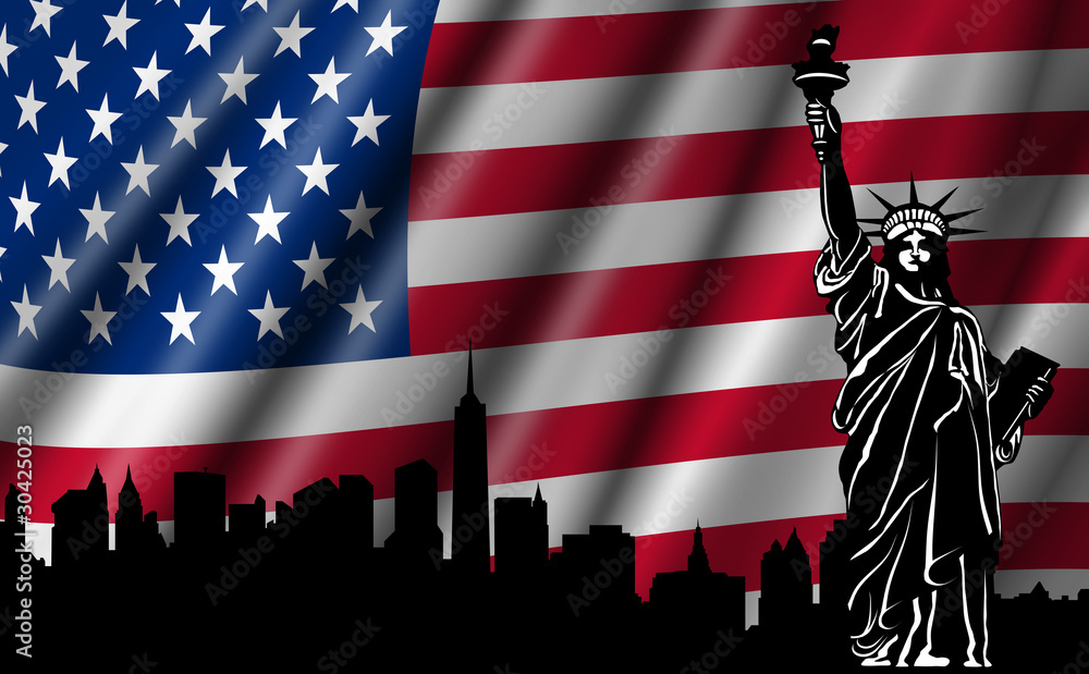 Naklejka premium USA American Flag with Statue of Liberty Skyline Silhouette