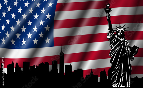USA American Flag with Statue of Liberty Skyline Silhouette