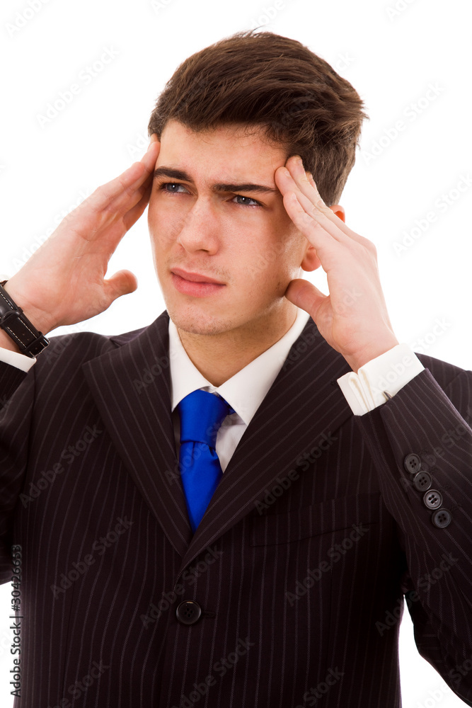 Young Business man in agony with a headache, isolated on white Young Business man in agony with a headache, isolated on white
