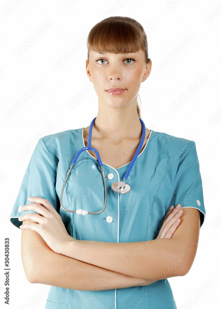 Medical doctor woman with stethoscope. Isolated on white backgro Medical doctor woman with stethoscope. Isolated on white backgro