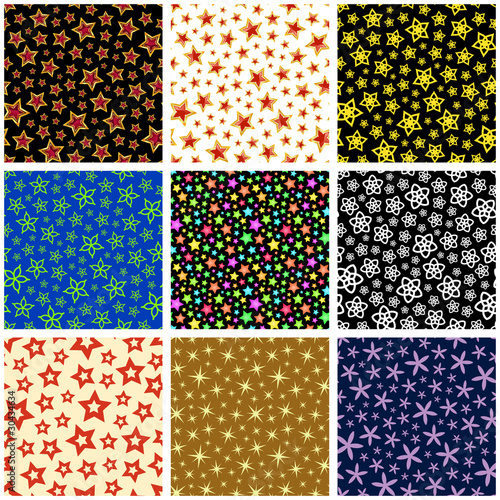 Seamless background with different stars. Vector set.