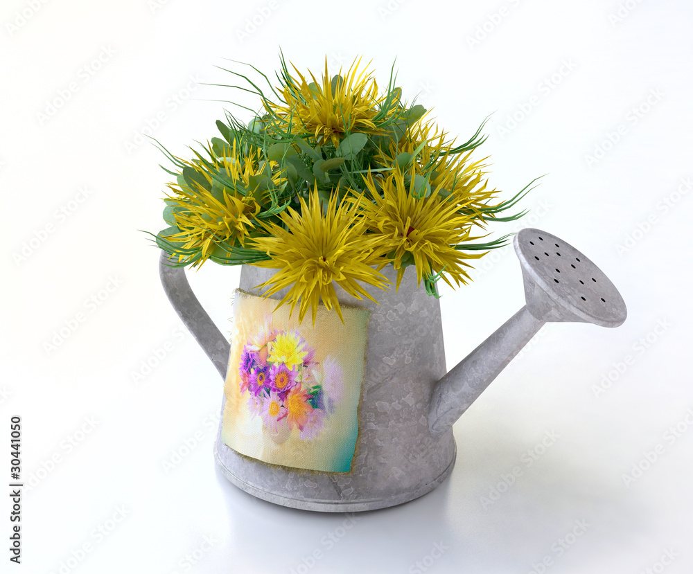 Watering-can with Yellow Asters in 3D Watering-can with Yellow Asters in 3D