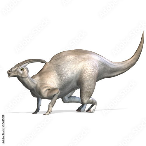 Dinosaur Parasaurolophus. 3D rendering with clipping path and photo