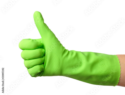 Obraz na plátně Hand wearing rubber glove shows thumb up sign