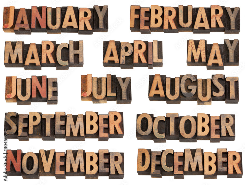 months in letterpress type