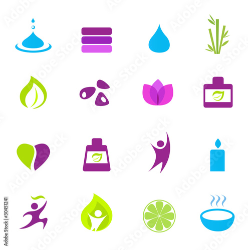 Water, wellness, nature and zen icons - pink, green, blue