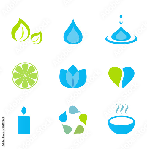Water, nature and wellness icons - green and blue. Vector