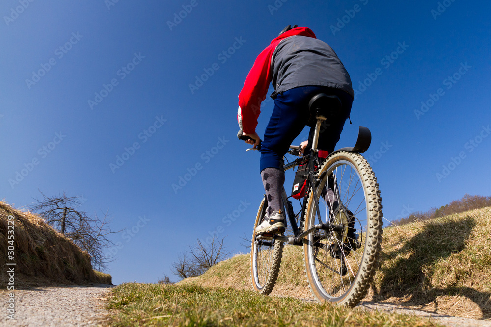 Naklejka premium Mountainbiker auf einem Feldweg