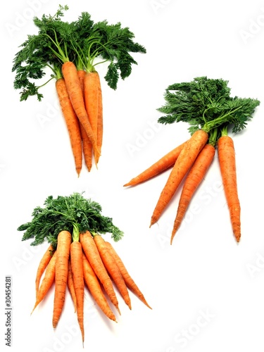 3 images of fresh carrots with leaves on white background