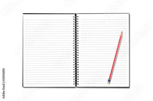 Blank open notebook and pencil on white background.