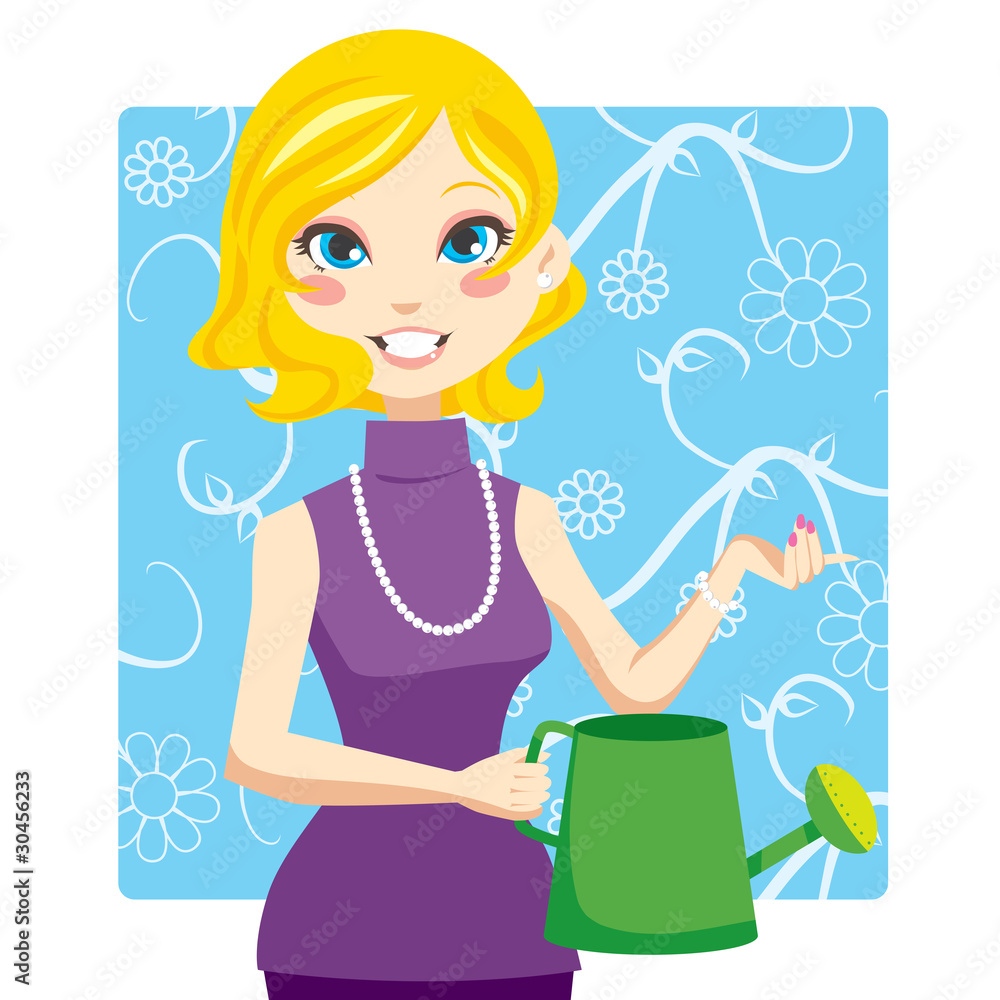 Blonde woman holding a green watering can with her hand Blonde woman holding a green watering can with her hand