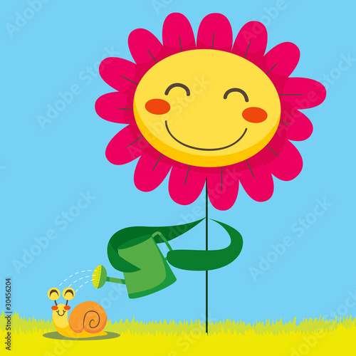 Happy flower showering a cute snail with a watering can
