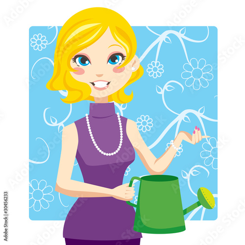 Blonde woman holding a green watering can with her hand