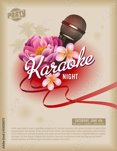 retro party poster template with microphone and exotic flowers